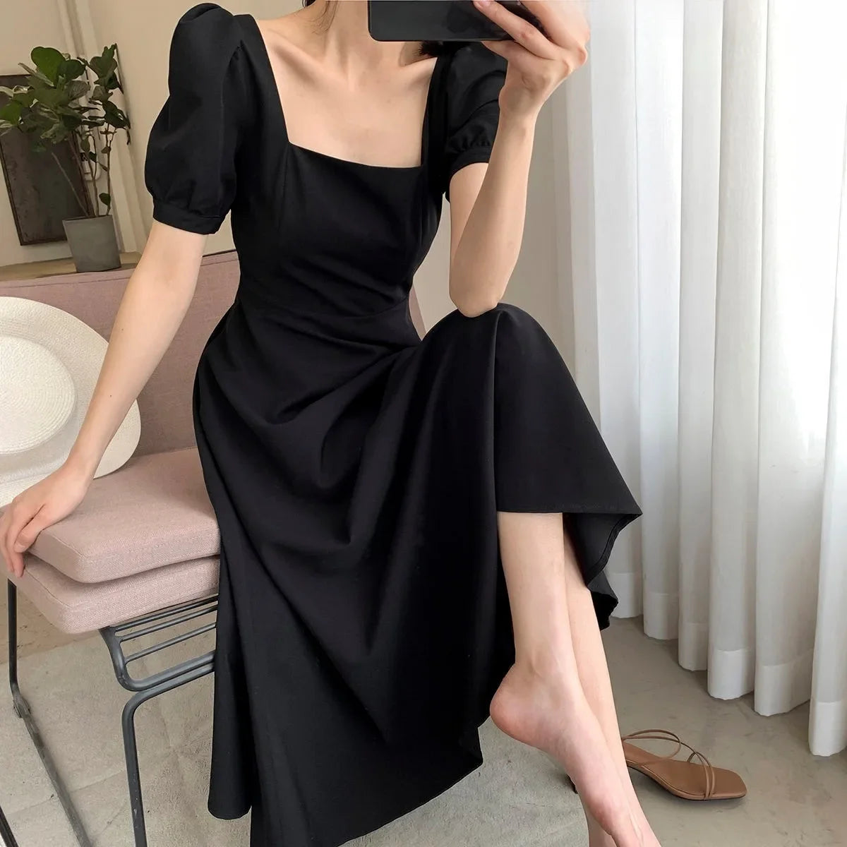 Elegant Black Square Collar Dress