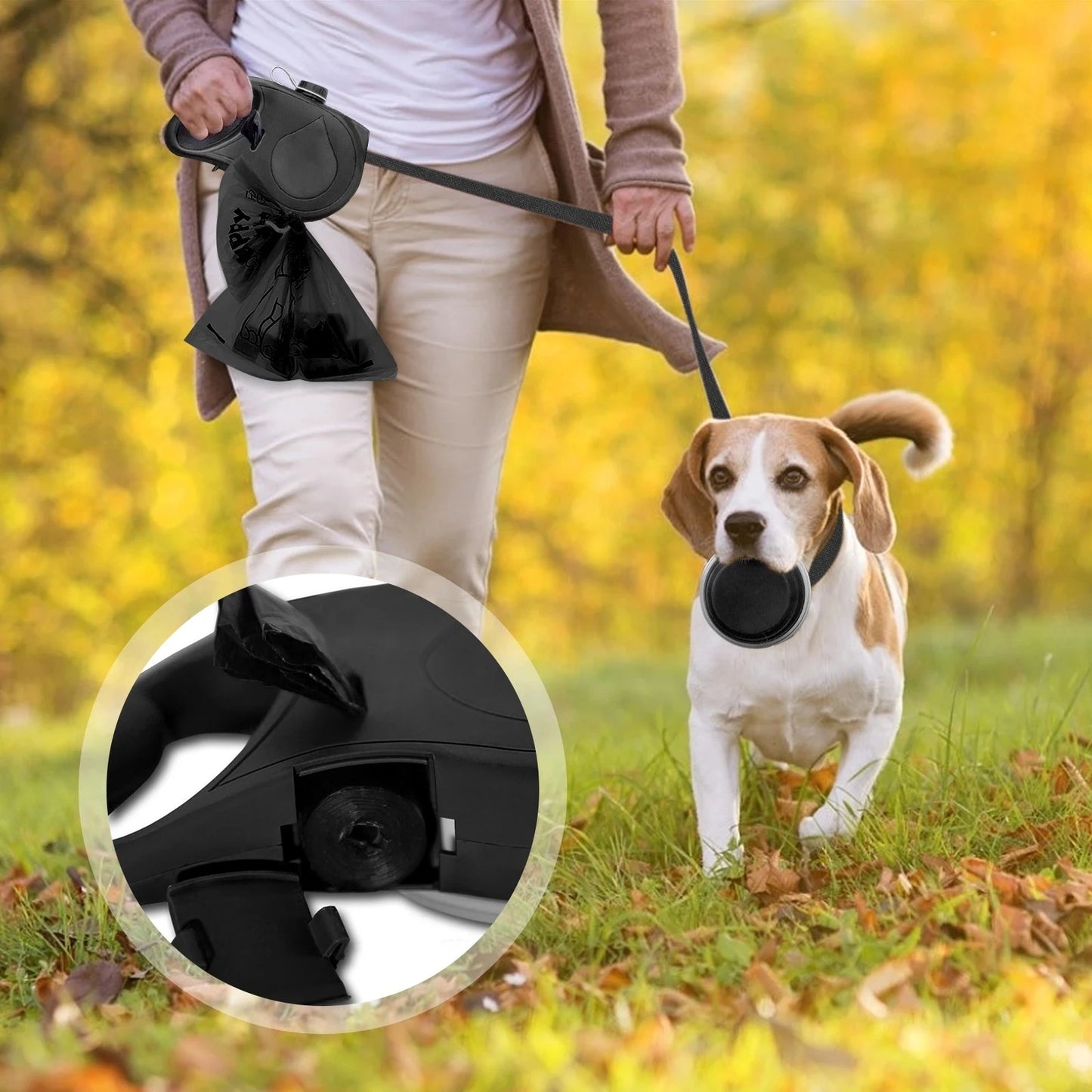 Pet Leash with Water Bottle & Bowl