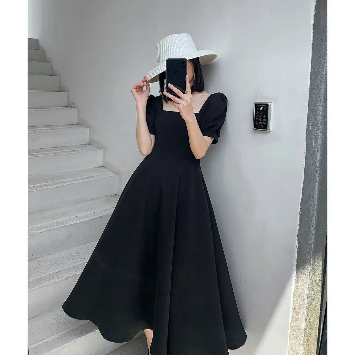 Elegant Black Square Collar Dress