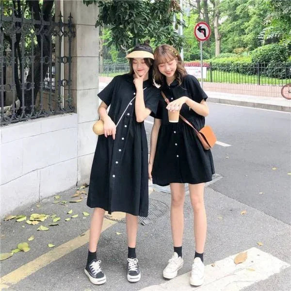 Korean Style Casual Black Polo Dress - Loose Fit