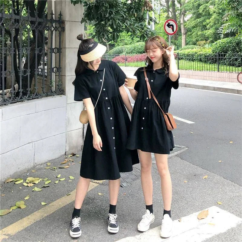 Korean Style Casual Black Polo Dress - Loose Fit