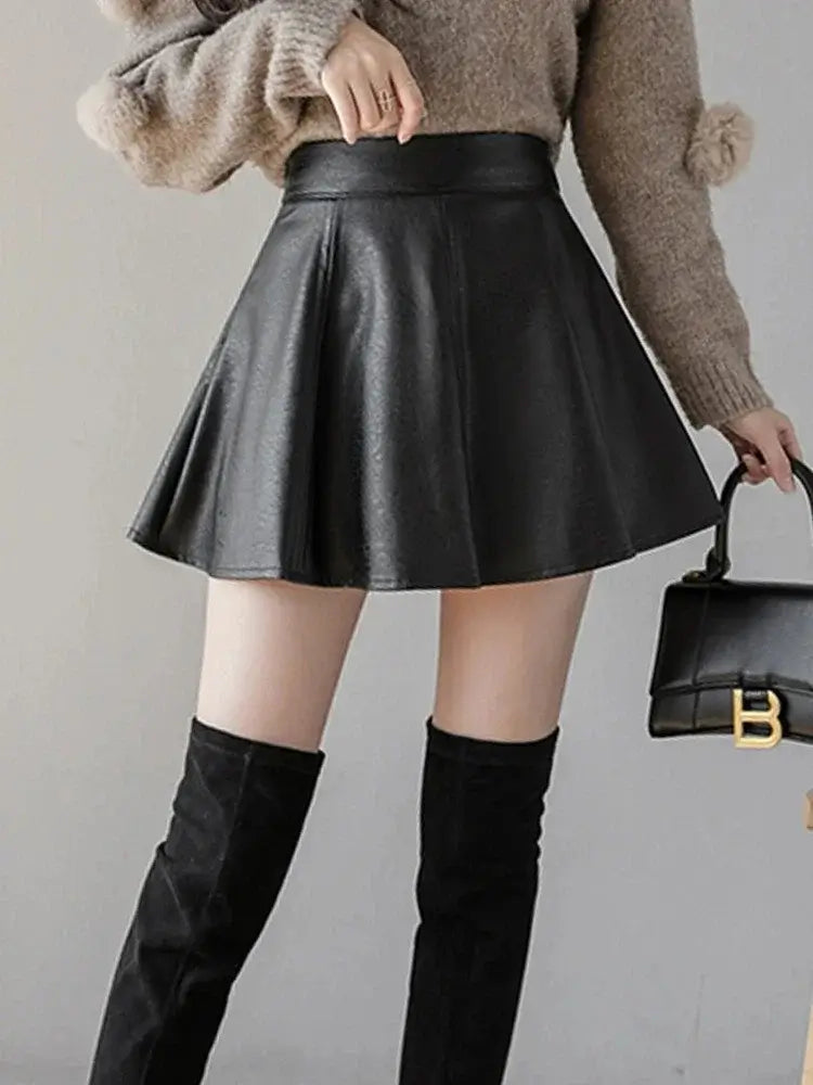 Autumn Women's PU Pleated Mini Skirt