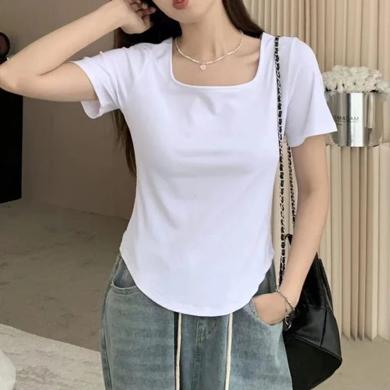 Plus Size Chic Sweet Shoulder Square Collar T-Shirt