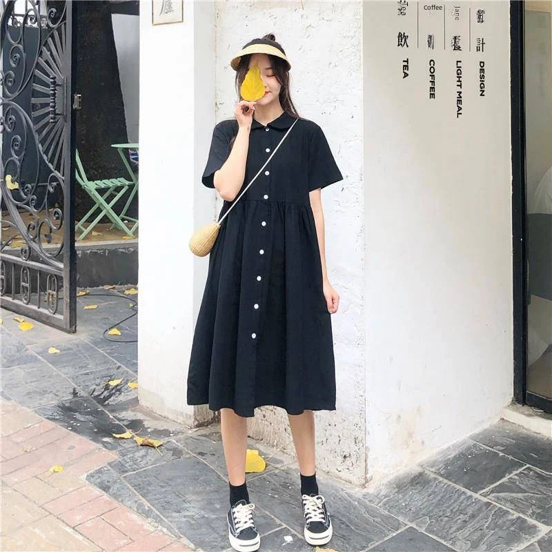 Korean Style Casual Black Polo Dress - Loose Fit