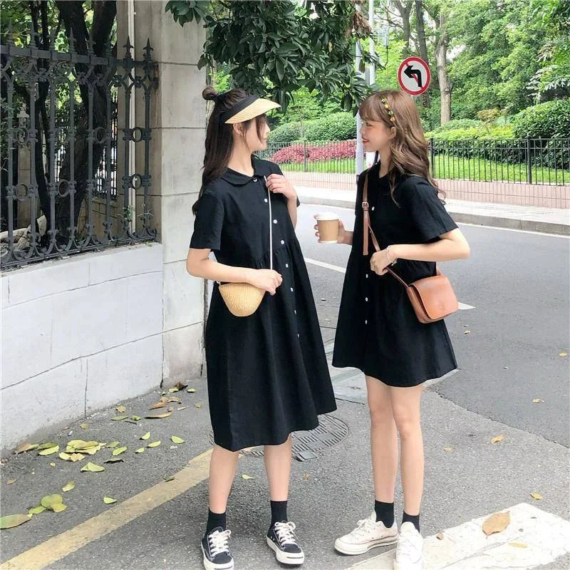 Korean Style Casual Black Polo Dress - Loose Fit