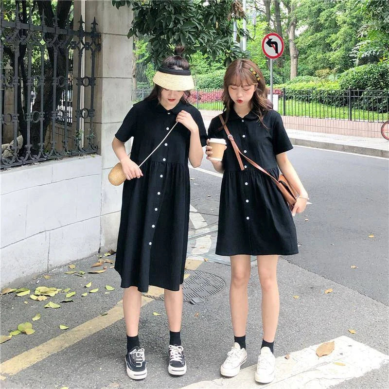 Korean Style Casual Black Polo Dress - Loose Fit