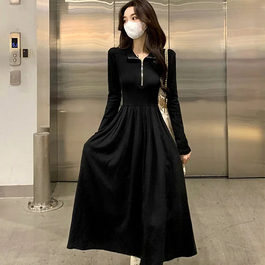 Autumn Slimming Black Dress - Half-Zip Waist-Fit