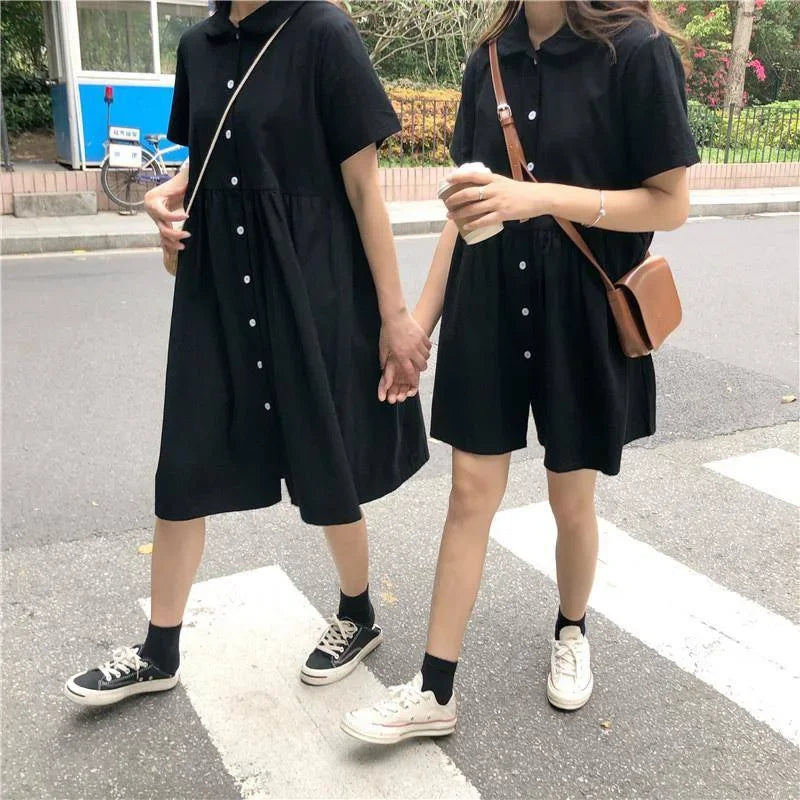 Korean Style Casual Black Polo Dress - Loose Fit