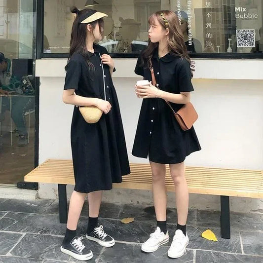 Korean Style Casual Black Polo Dress - Loose Fit