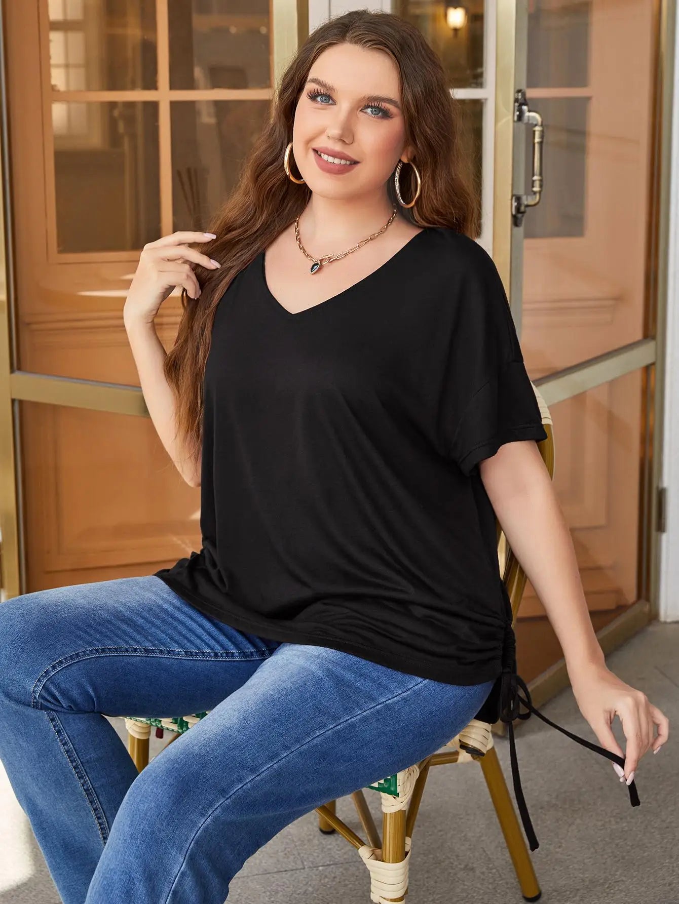 Plus Size Lace-Up Elastic Waist Blouse