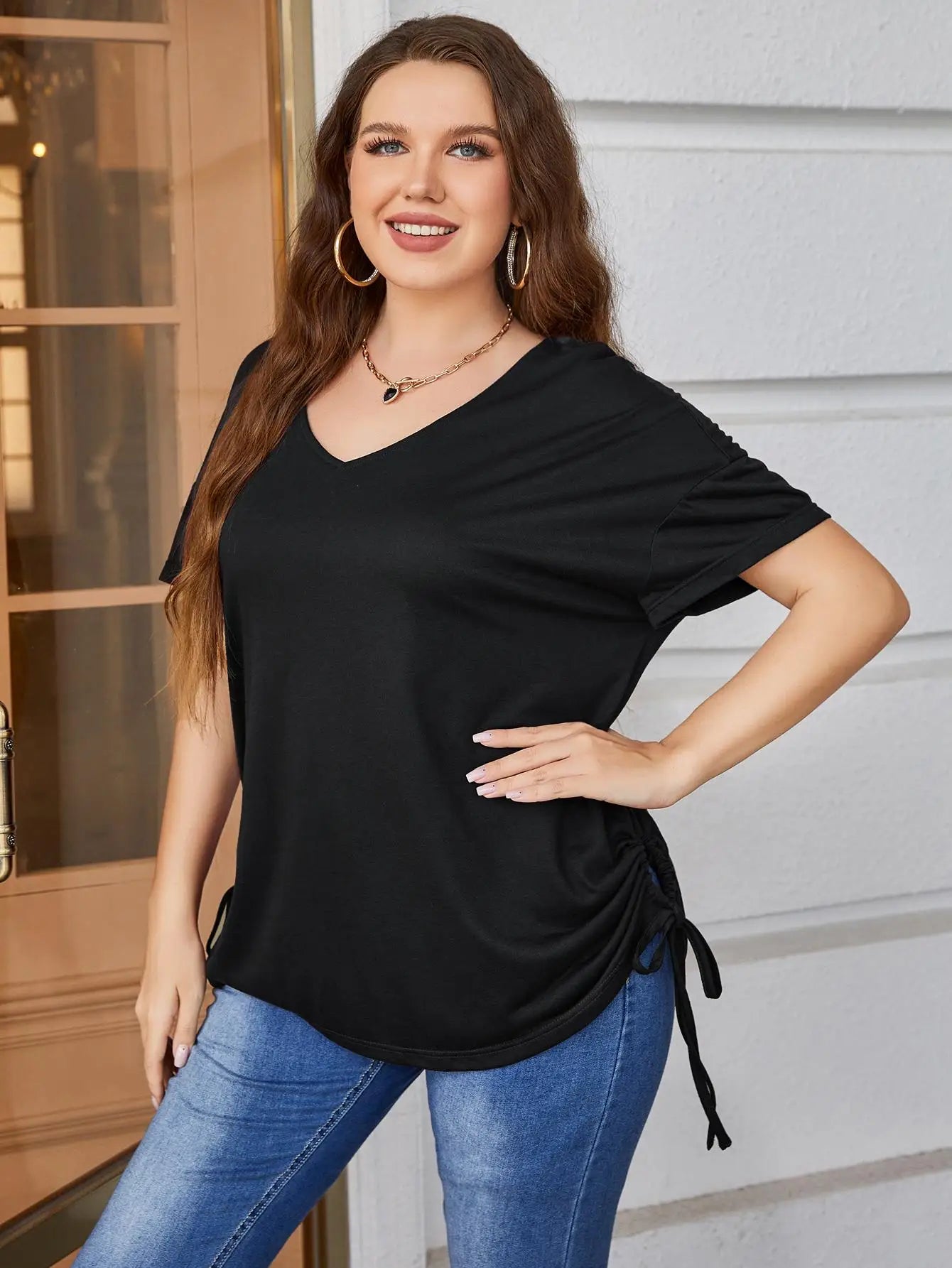 Plus Size Lace-Up Elastic Waist Blouse