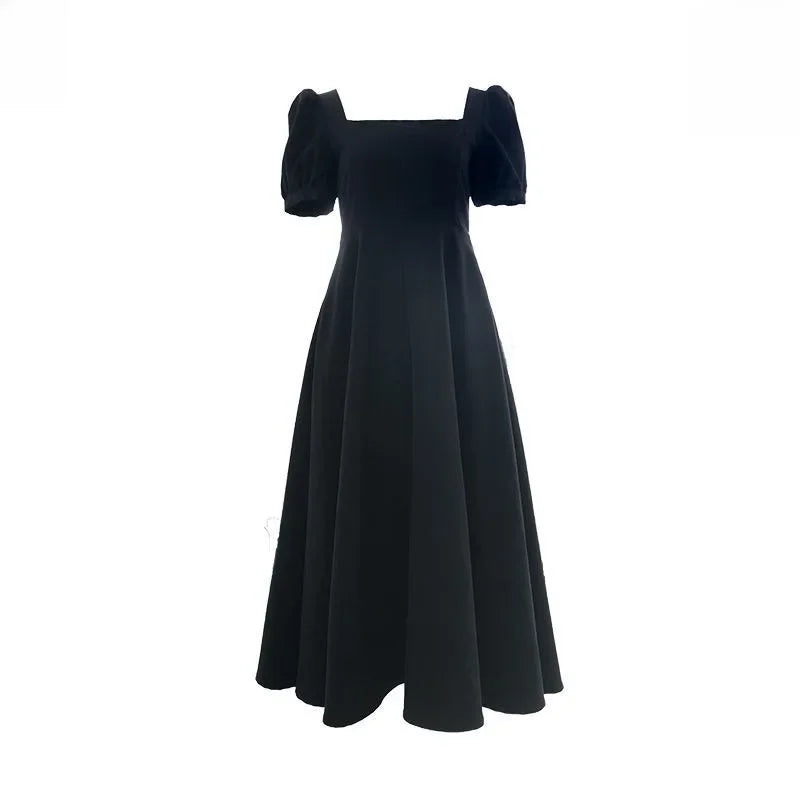 Elegant Black Square Collar Dress