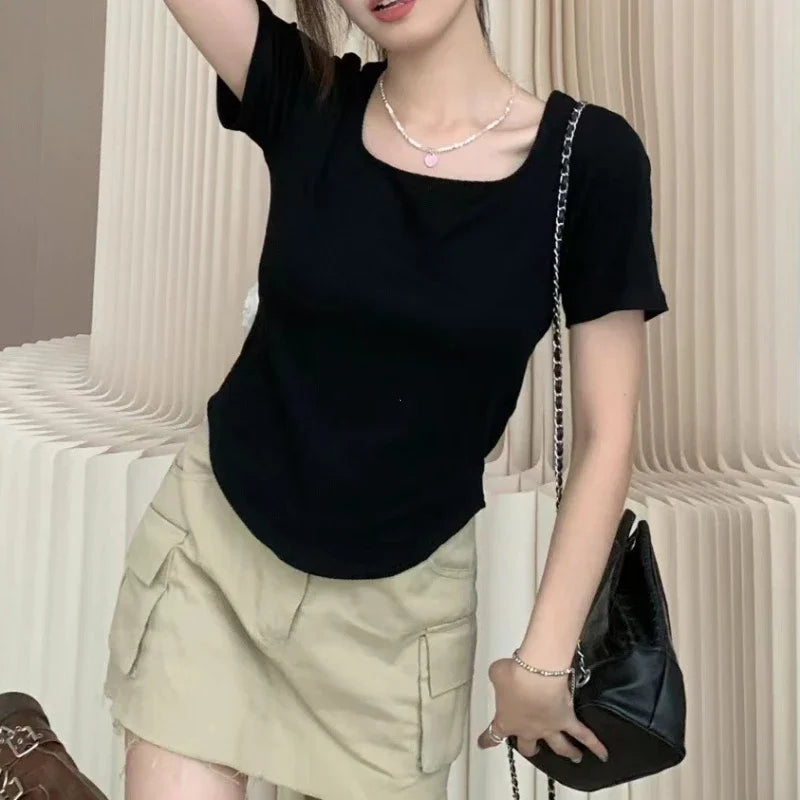 Plus Size Chic Sweet Shoulder Square Collar T-Shirt