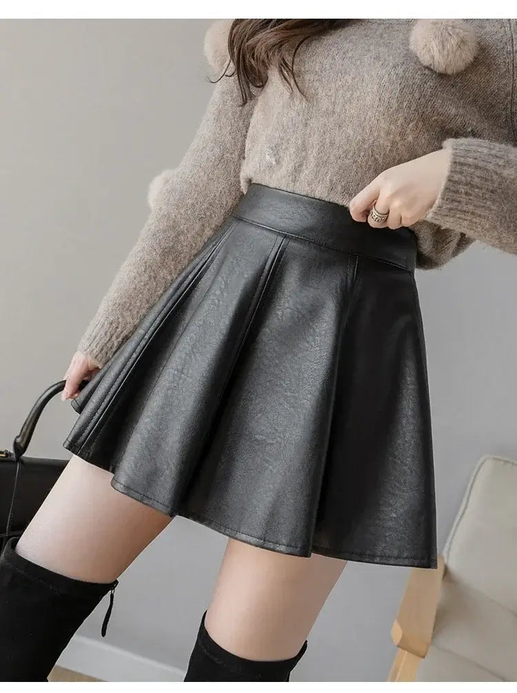 Autumn Women's PU Pleated Mini Skirt